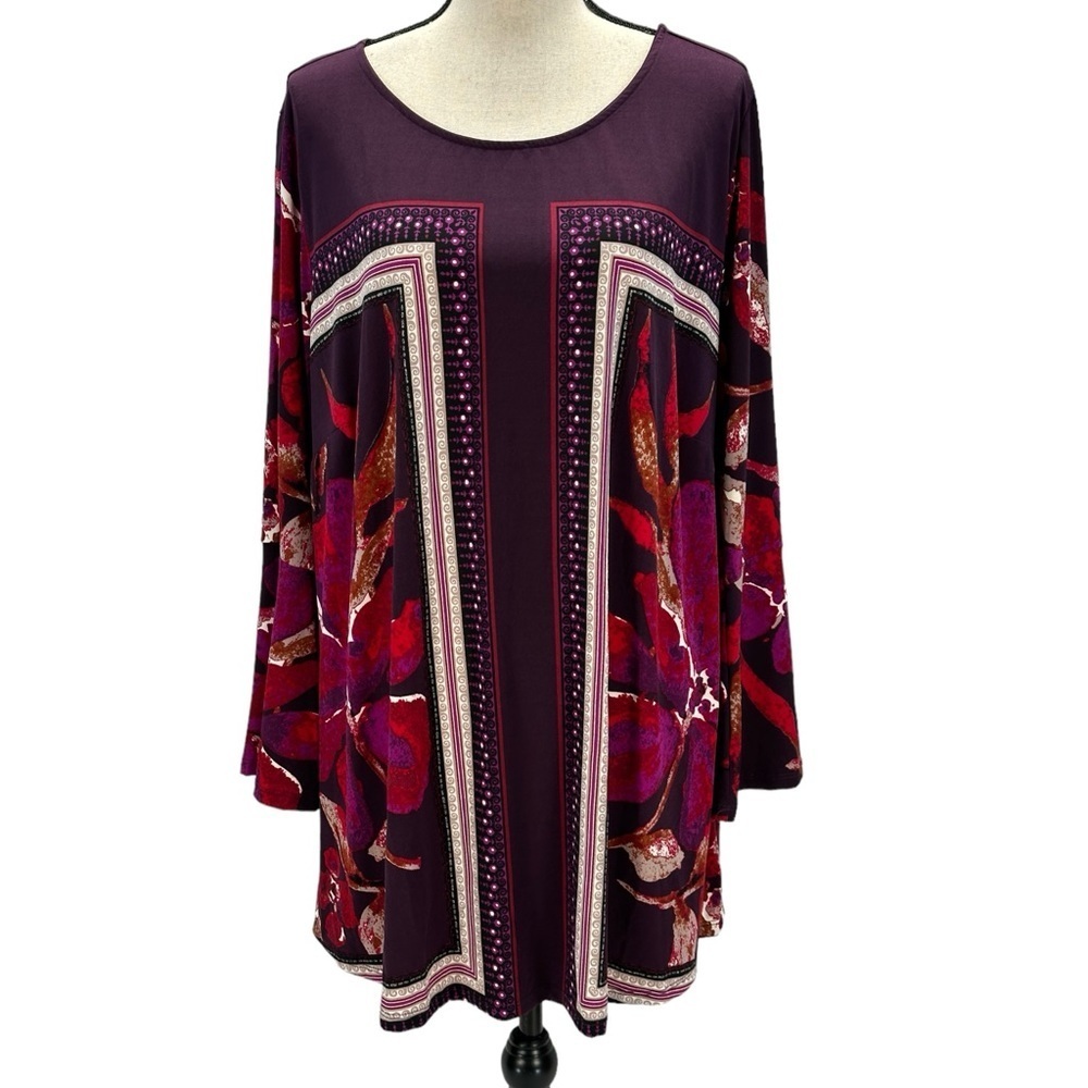 Avenue Long Sleeve Round Neck Berry Floral Print Tunic - Red Purple  - size 22